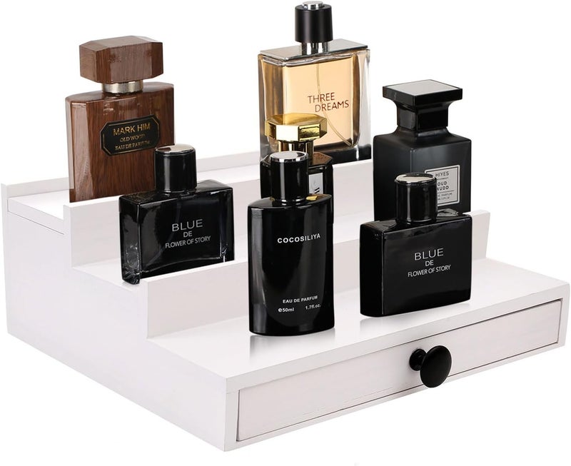 Fengligoo White Cologne Organizer for Men - 3 Tier Wooden Perfume Display Stand with Drawer and Hidden Compartment for Organizing and Storing, Cologne Holder Shelf for Dresser - Image 1